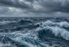 灰色の雲の下でうねりと白波が立つ荒れた外洋