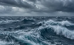 灰色の雲の下でうねりと白波が立つ荒れた外洋