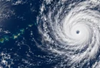 西太平洋上を西へ進む台風の渦巻く雲