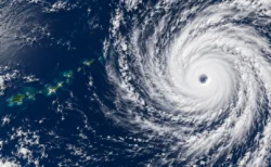 西太平洋上を西へ進む台風の渦巻く雲