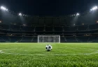 照明に照らされた夜のサッカースタジアムとピッチ中央のボール