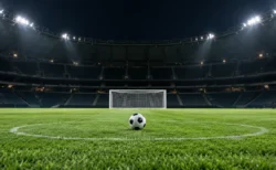 照明に照らされた夜のサッカースタジアムとピッチ中央のボール