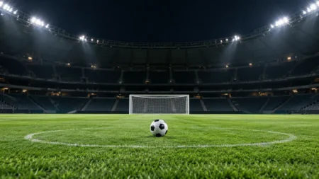 照明に照らされた夜のサッカースタジアムとピッチ中央のボール