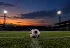 夕暮れから夜へ移るスタジアムのピッチ中央に置かれたサッカーボール