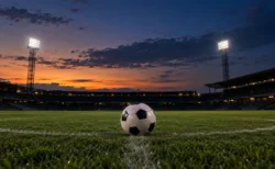 夕暮れから夜へ移るスタジアムのピッチ中央に置かれたサッカーボール