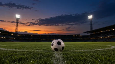 夕暮れから夜へ移るスタジアムのピッチ中央に置かれたサッカーボール