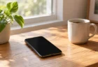 窓辺の机に置かれたスマートフォンと柔らかな朝の光