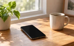 窓辺の机に置かれたスマートフォンと柔らかな朝の光