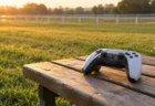 放課後の学園の芝のグラウンドに置かれたゲームのコントローラー