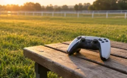 放課後の学園の芝のグラウンドに置かれたゲームのコントローラー