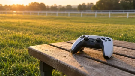 放課後の学園の芝のグラウンドに置かれたゲームのコントローラー