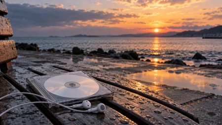 雨上がりの夕方の海辺に置かれたCDとワイヤレスイヤホン