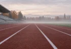 秋の朝、静かな陸上競技場のトラックと誰もいないスタートライン