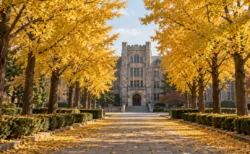 黄葉したイチョウ並木の奥に建つ石造りの大学校舎