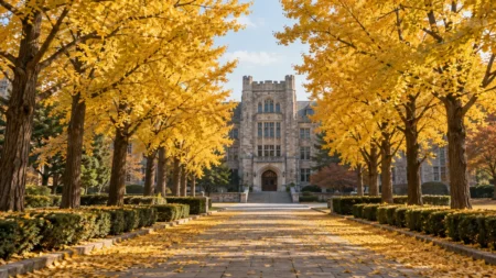 黄葉したイチョウ並木の奥に建つ石造りの大学校舎
