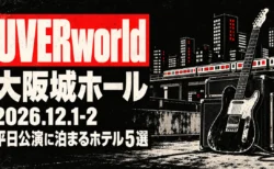 UVERworld 大阪城ホール 2026.12.1-2 平日公演に泊まるホテル5選の文字と、黒・赤・白の3色で刷ったシルクスクリーンのロックポスター風に、夜のビル街と高架を走る電車、ギターとアンプのイラスト