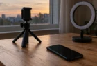 窓辺の木の机に置かれた、画面の消えたスマートフォンと撮影用の三脚・リングライト