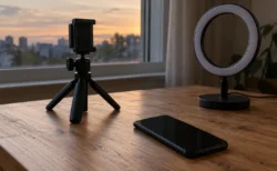 窓辺の木の机に置かれた、画面の消えたスマートフォンと撮影用の三脚・リングライト