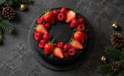 黒いクリームのホールケーキに赤いラズベリーといちごがのった、暗い背景のテーブル