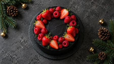 黒いクリームのホールケーキに赤いラズベリーといちごがのった、暗い背景のテーブル