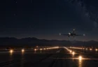 夜の滑走路から離陸するプライベートジェット