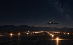 夜の滑走路から離陸するプライベートジェット
