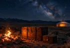 砂漠の夜、たき火の明かりに照らされた古い木箱と、星空の下のテント