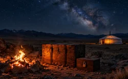 砂漠の夜、たき火の明かりに照らされた古い木箱と、星空の下のテント