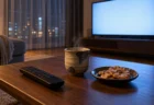 夜のリビングに置かれたテレビのリモコンと、湯気の立つ湯のみ、カーテン越しの街の灯り