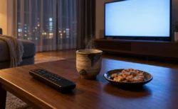 夜のリビングに置かれたテレビのリモコンと、湯気の立つ湯のみ、カーテン越しの街の灯り