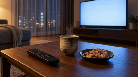夜のリビングに置かれたテレビのリモコンと、湯気の立つ湯のみ、カーテン越しの街の灯り