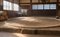 朝の光が差し込む相撲部屋の稽古場の土俵と俵、壁際に掛けられた白い稽古まわし
