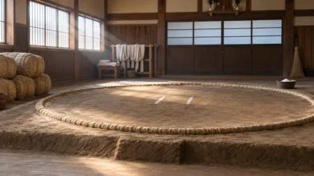 朝の光が差し込む相撲部屋の稽古場の土俵と俵、壁際に掛けられた白い稽古まわし