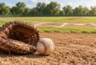 野球場の土の上に置かれたキャッチャーミットと硬式野球ボール