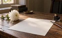 朝の光が差す木の机に置かれた白い菊とつけペン、インク瓶、白い原稿用紙