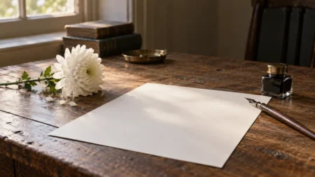 朝の光が差す木の机に置かれた白い菊とつけペン、インク瓶、白い原稿用紙