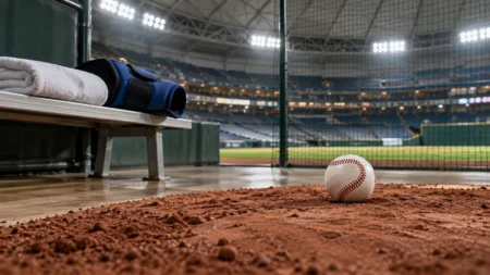 屋根のある球場のブルペンのマウンドに置かれた野球ボールと、ベンチの上のアイシング用の青いサポーターとタオル