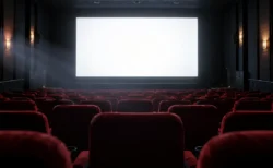 スクリーンの光に照らされた無人の映画館の客席