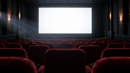 スクリーンの光に照らされた無人の映画館の客席