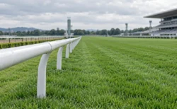 曇り空の下、白い内ラチが延びる競馬場の芝コース
