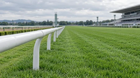 曇り空の下、白い内ラチが延びる競馬場の芝コース