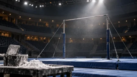 照明に照らされた体操競技場の鉄棒と、舞い上がるチョークの粉
