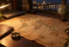 夜の木の机に広げた古い世界地図と地球儀、閉じたノートパソコン、旅のおみやげ