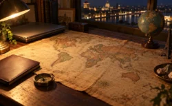 夜の木の机に広げた古い世界地図と地球儀、閉じたノートパソコン、旅のおみやげ