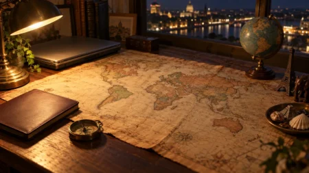 夜の木の机に広げた古い世界地図と地球儀、閉じたノートパソコン、旅のおみやげ