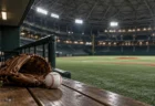 照明に照らされたドーム球場のベンチに置かれた野球のグラブとボール、奥に明るい内野