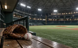照明に照らされたドーム球場のベンチに置かれた野球のグラブとボール、奥に明るい内野