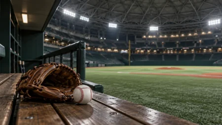 照明に照らされたドーム球場のベンチに置かれた野球のグラブとボール、奥に明るい内野
