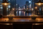 夜の定食屋の窓際カウンターに並ぶ湯気の立つ2つの丼と箸、奥に雨にぬれた窓と街の灯り