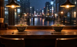 夜の定食屋の窓際カウンターに並ぶ湯気の立つ2つの丼と箸、奥に雨にぬれた窓と街の灯り